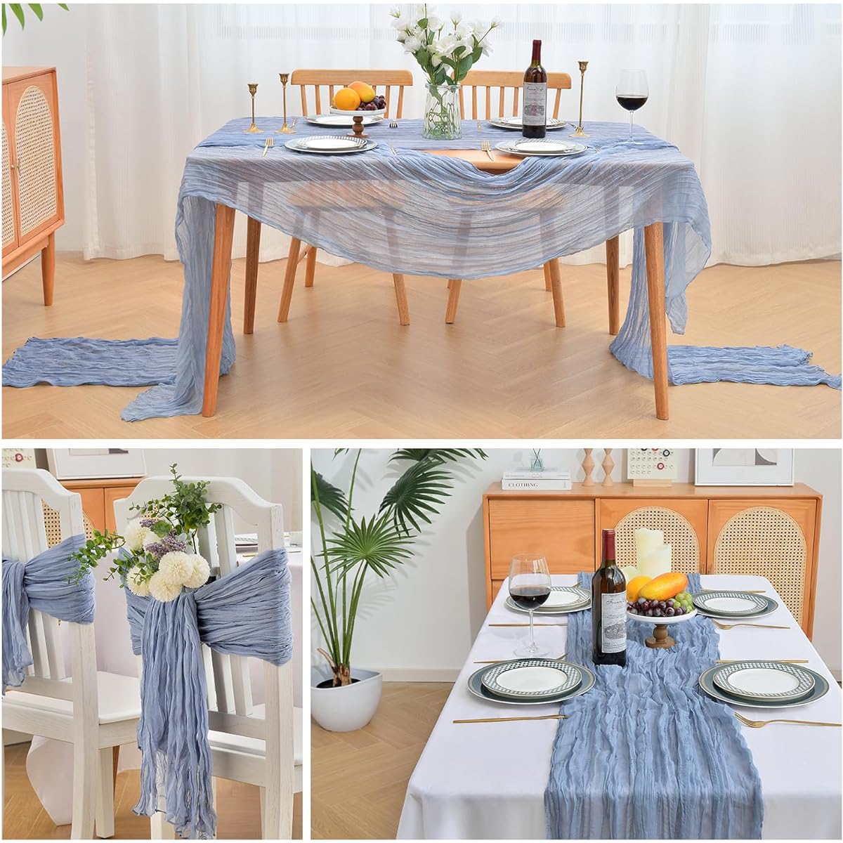 LOSKIA 10ft Rustic Cheesecloth Table Runners Bulk 35 x 118 Inch Boho Gauze Table Runners Romantic Table Runners Long Table Covers for Wedding Bridal Shower Birthday Party Table Decor Dusty Blue 12pcs