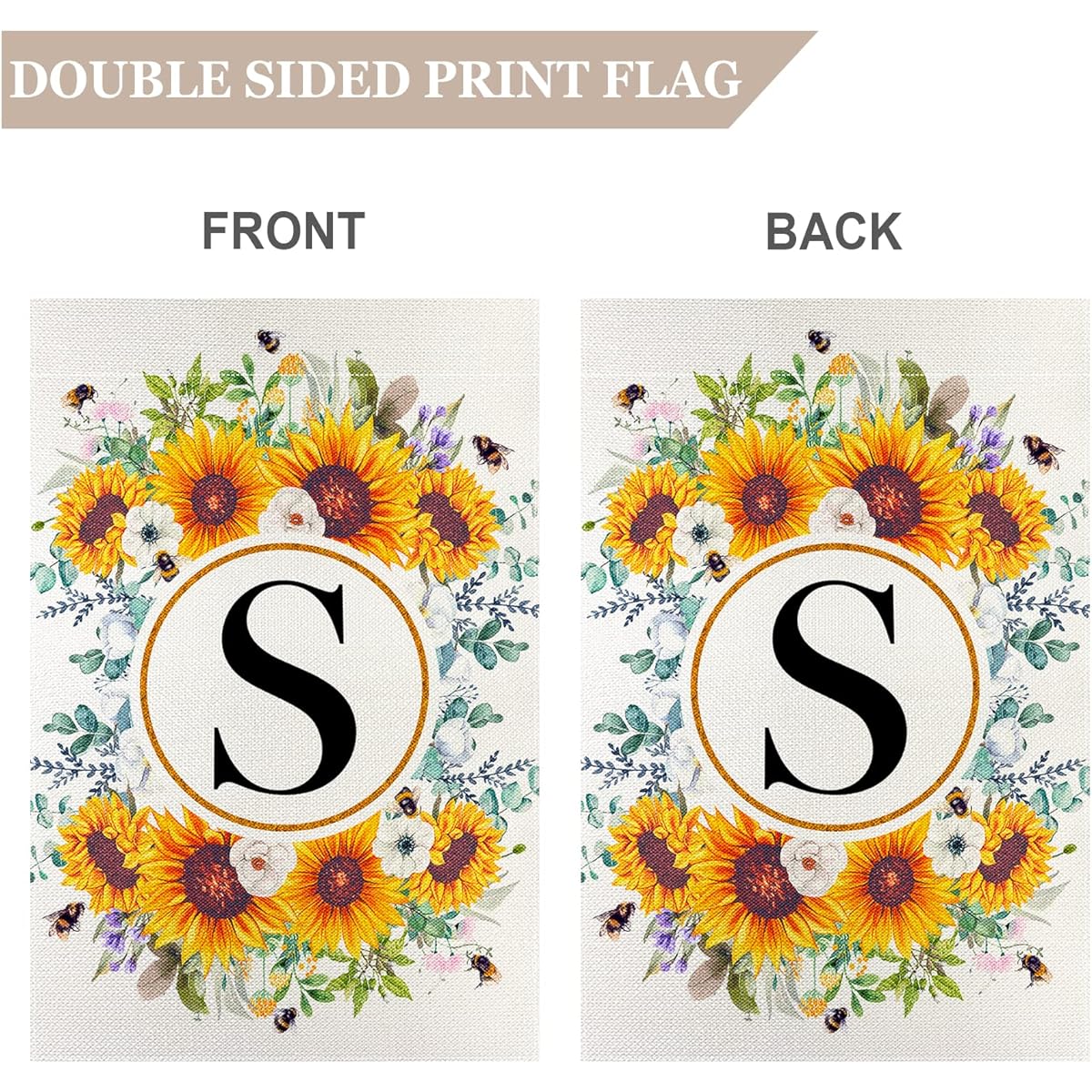 Snycler Monogram Letter S Garden Flag Summer Sunflower 12x18 Vertical Double Sided Spring Flower Bee Outside Decor Small Burlap Family Last Name Initial Yard Flag