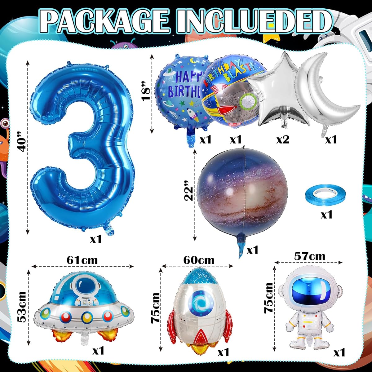 Space Balloons for Boys 3rd Birthday Decorations 11 Pieces Space Balloon Set with Rocket Astronaut Spaceship Balloons Large Space Galaxy Balloon Stars Moon Foil Balloons for Space Party