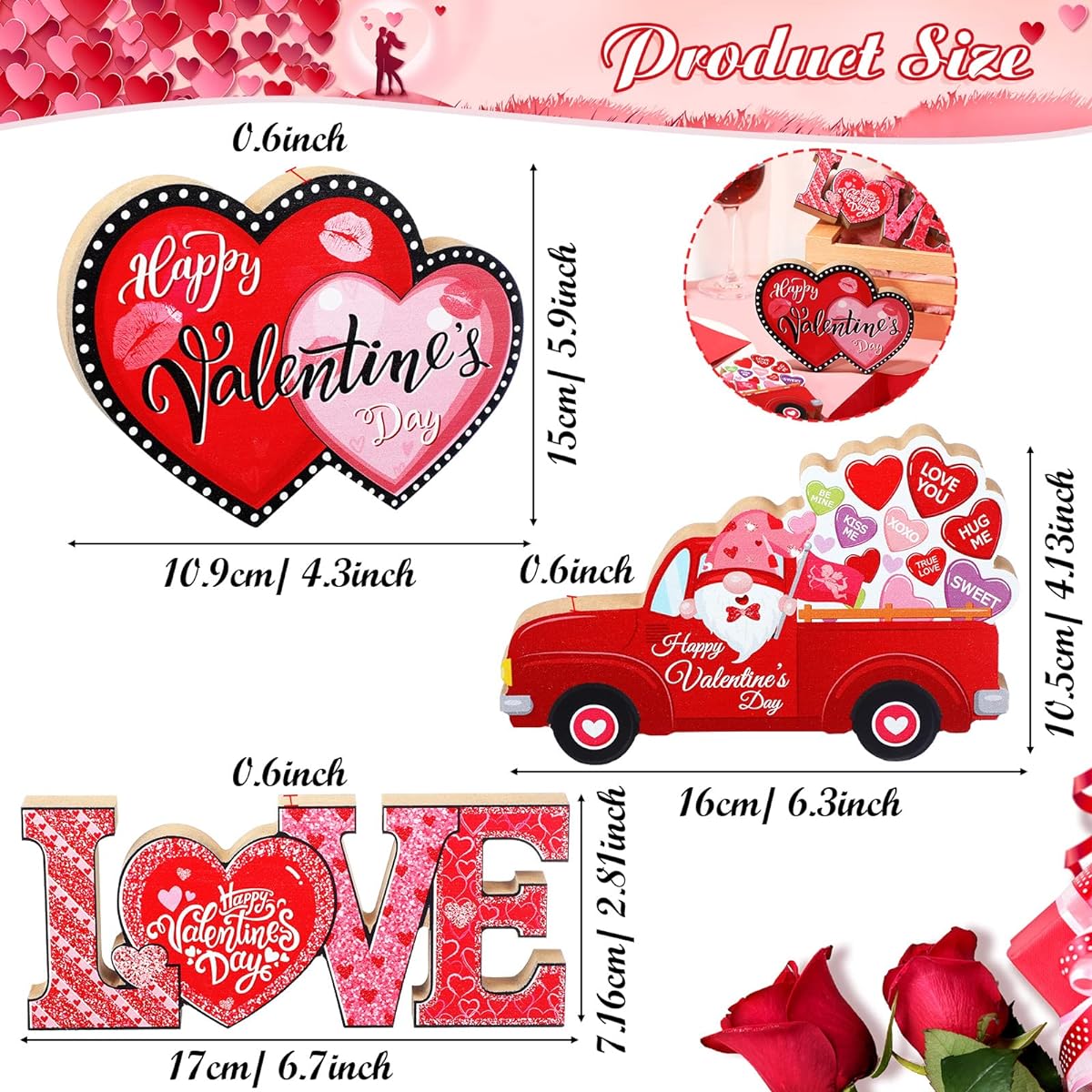 3 Pieces Valentine Wooden Tabletop Sign Valentine's Day Table Decoration Love Heart Red Truck Table Sign Happy Valentine's Day Wooden Centerpiece Table Decoration Wedding Party Supplies