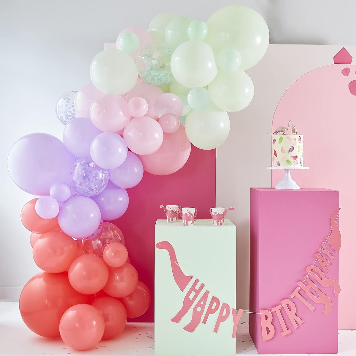 Ginger Ray Party Like a Dinosaur Pastel Arch with Confetti 70 Latex Balloons, Pink