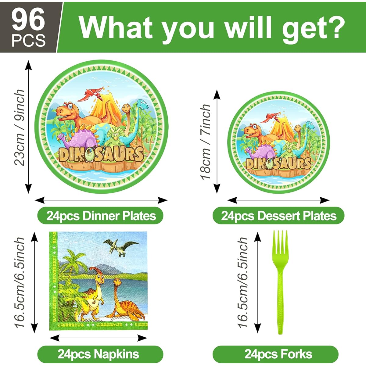 HJINGY Dinosaur Party Supplies, Dinosaur Birthday Party Tableware Set, Jurassic Park Theme Plates, Napkins Forks, Party Decorations for 24 Guests, 96pcs Dinosaur Party Favors