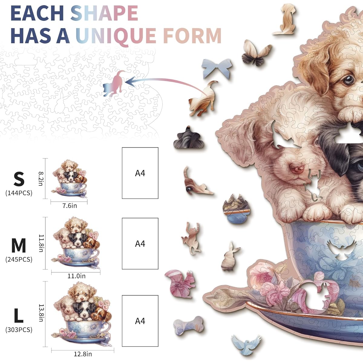 KAAYEE Wooden Jigsaw Puzzle - Wooden Puzzle for Adults Unique Shapes Advanced Cute Puppy Wooden Jigsaw Puzzle for Adults Family Puzzle 11.8 x 11 Inch 245 Pieces
