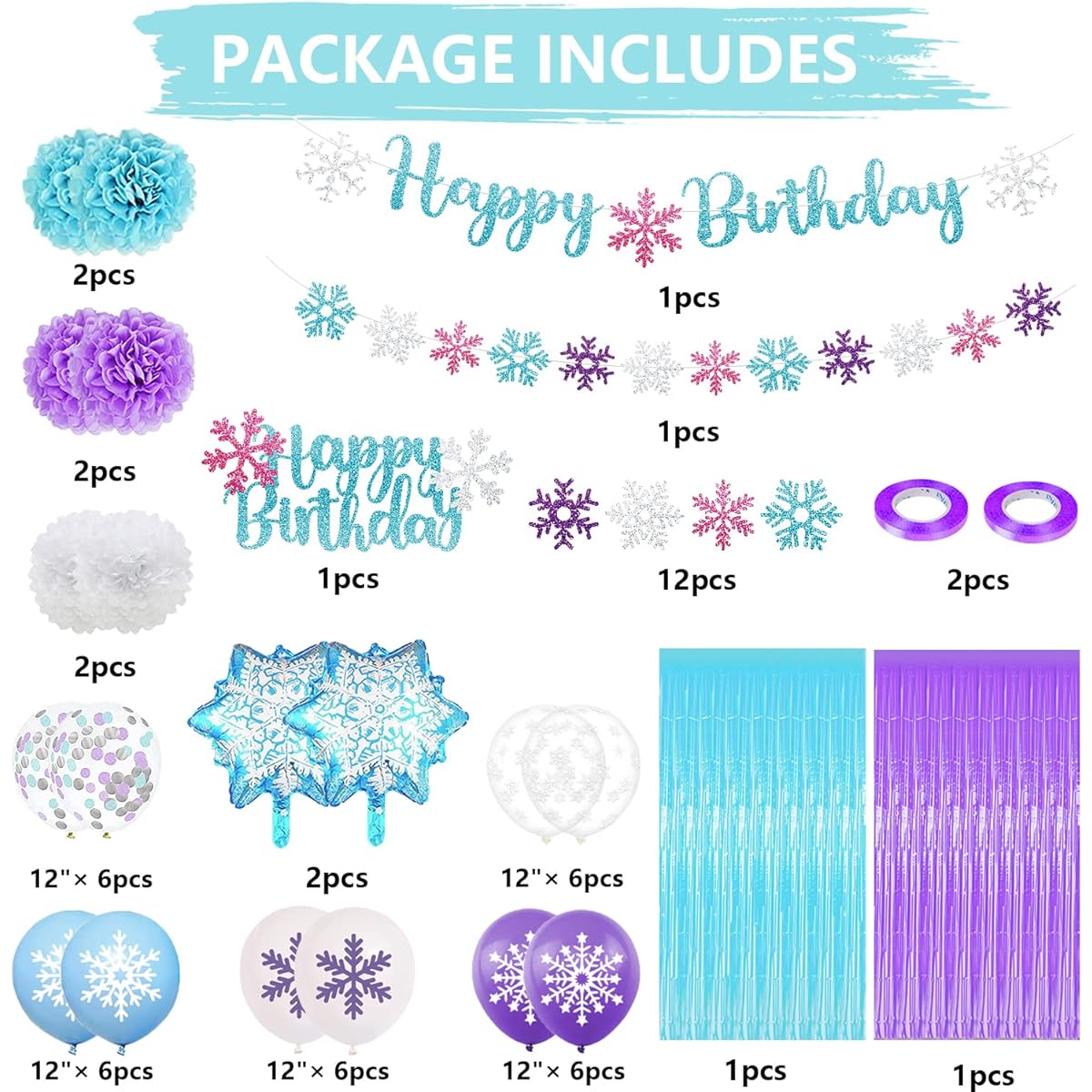 Snowflake Birthday Party Decorations Blue Glitter Happy Birthday Snowflake Banner Cake Topper Purple Blue White Snowflake Balloons Winter Wonderland Birthday Party Decorations Baby Shower