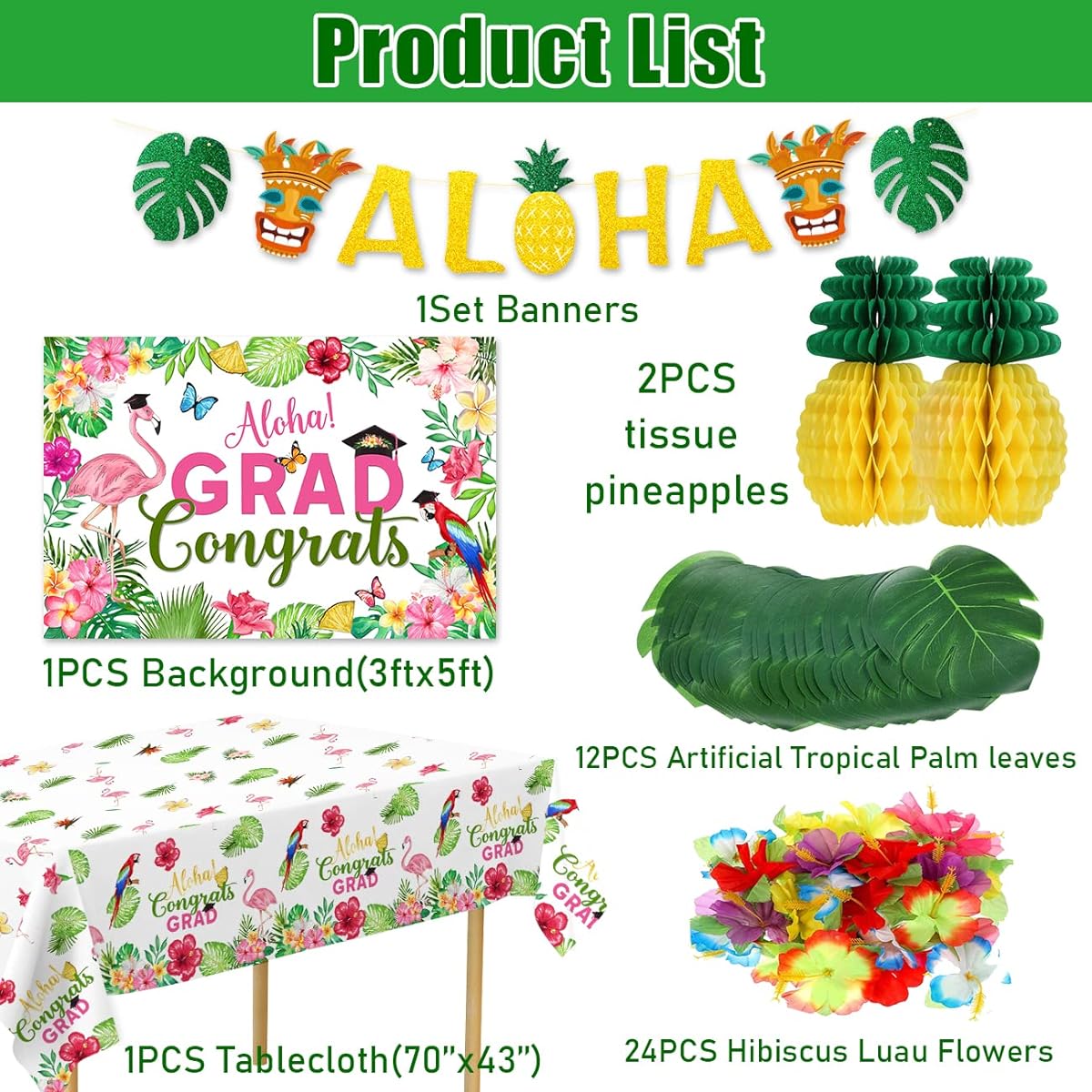 2023 Graduation Party Decoration Kit Luau Congrats Grad Banner Tablecloth Hawaiian Aloha Graduation Background Flamingo Pineapple Hibiscus Flower Balloon Set 2023 School Graduation Party Supplies
