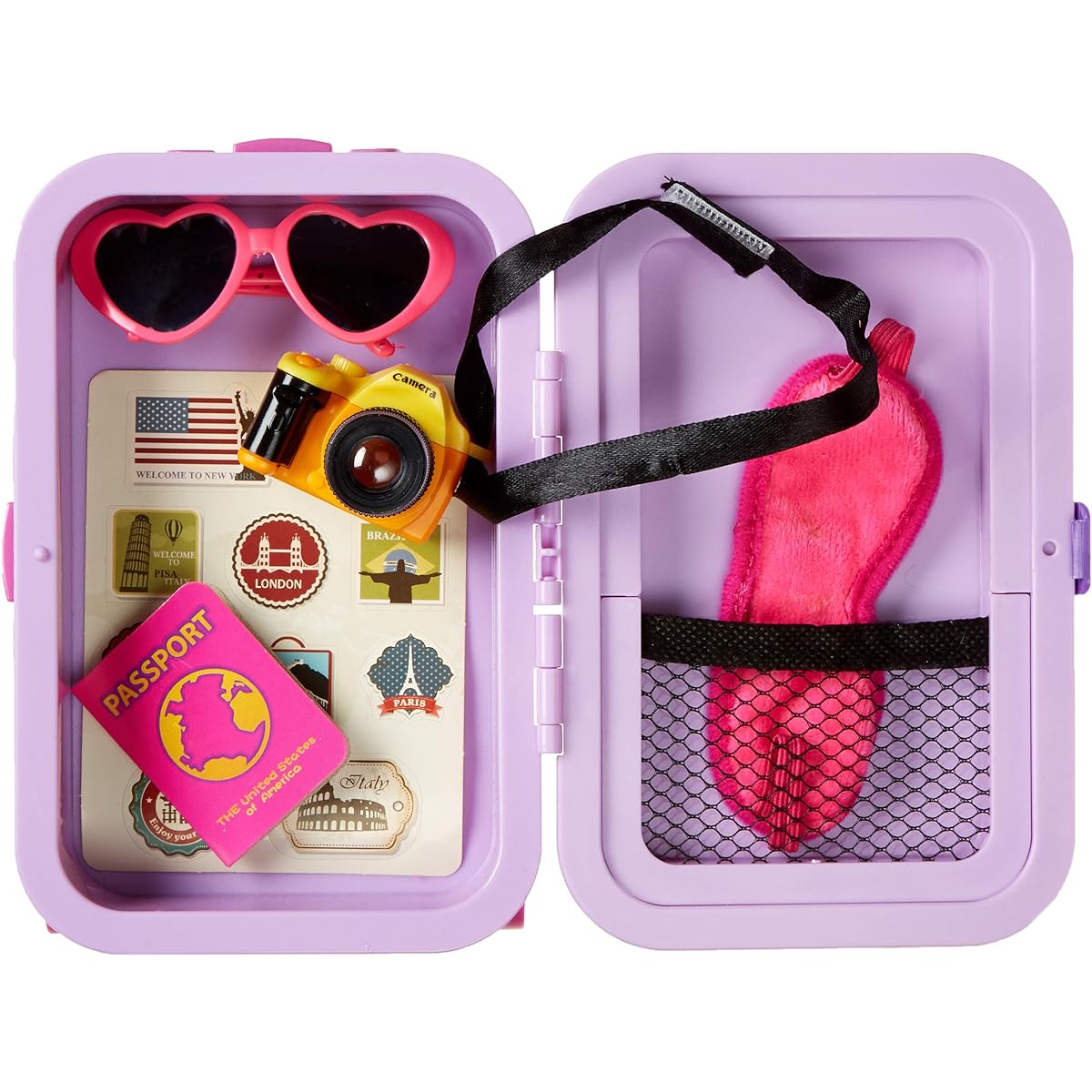 Click N' Play 18" Doll Travel Carry-On Suitcase Luggage 7 Piece Set with Travel Gear Accessories Photo Camera Sunglasses Passport Pretend Play for Kids Doll Not Included