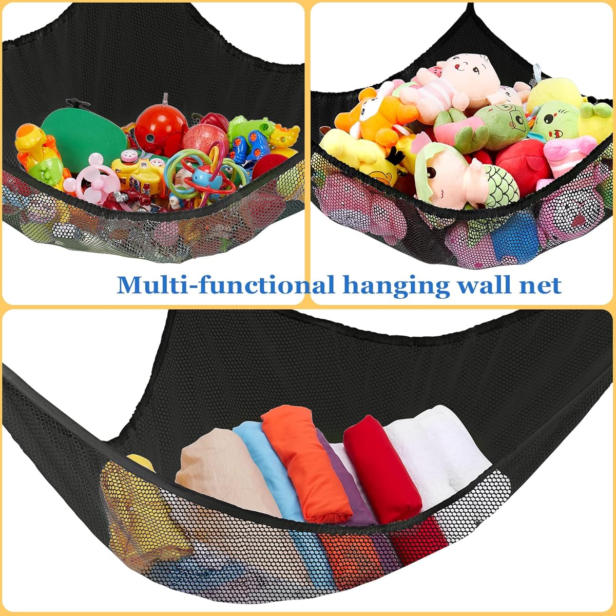 KanYool Plush Net, Jumbo Plush Hammock Hanging Stuff Animal Organizer Storage Net Boho Large Corner Plush Toy Net Holder for Nursery Playroom Bedroom Kids Room (Black, 59 Inch)
