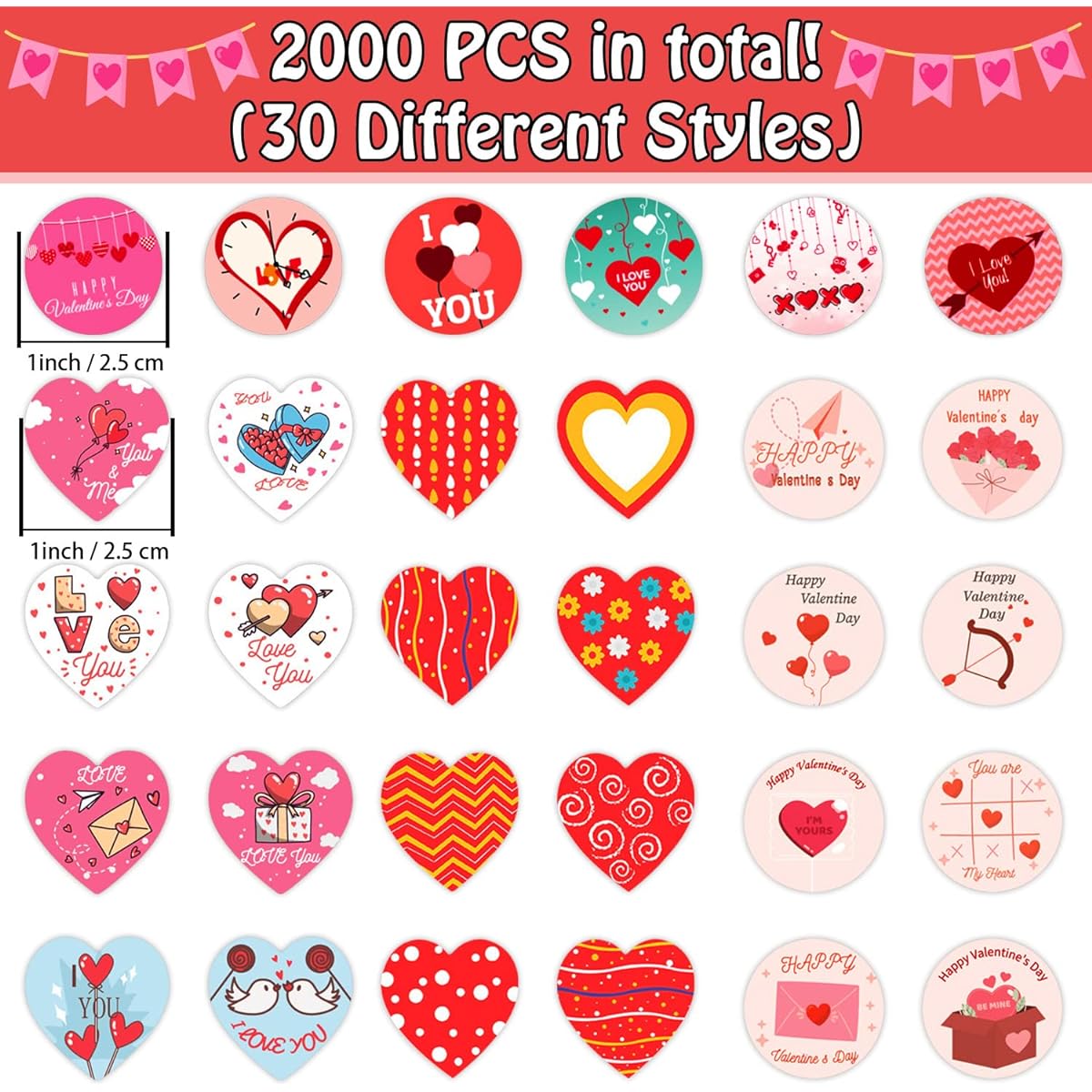 Partywind Valentine's Day Stickers Bulk 2000pcs Red Heart Love Stickers for Valentine Decorations, Kids Classroom Gifts, Valentine Goodie Bags, Party Supplies and Favors