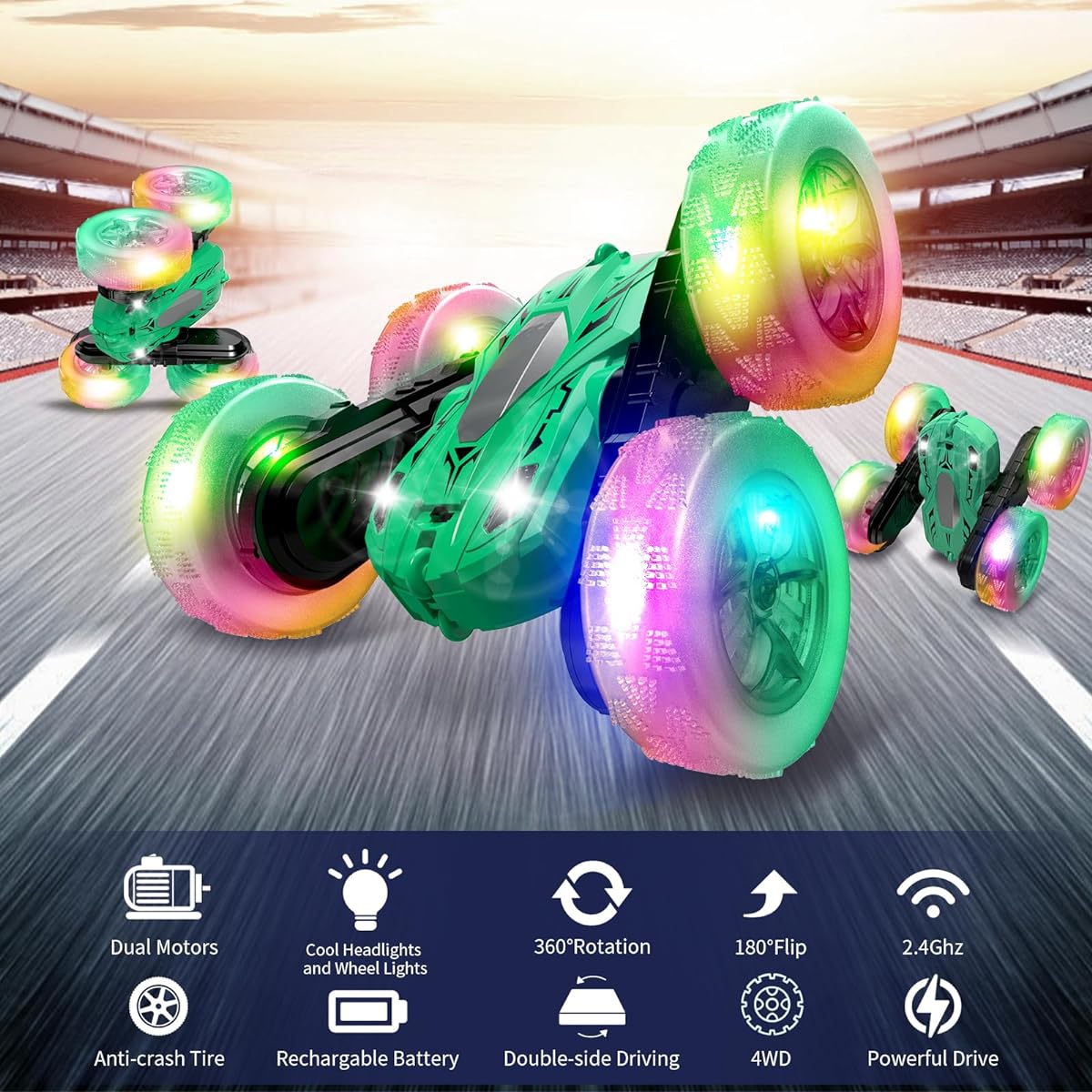 Traverse Star Remote Control Car RC Car 360 Degree Rotation RC Stunt Car with Wheel Lights Headlight 2.4Ghz Double Sided Driving Stunt Car Toys for Children Boys Girls Ages 8-12 Years Christmas Birthday Gift (Green)