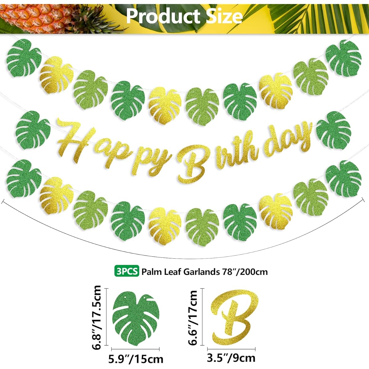 Tropical Palm Leaves Banners - Set of 3 Hawaiian Happy Birthday Banners Gold and Green Glitter Tropical Party Palm Leaves Garland for Summer Beach Luau Hawaiian Party Jungle Party Decorations