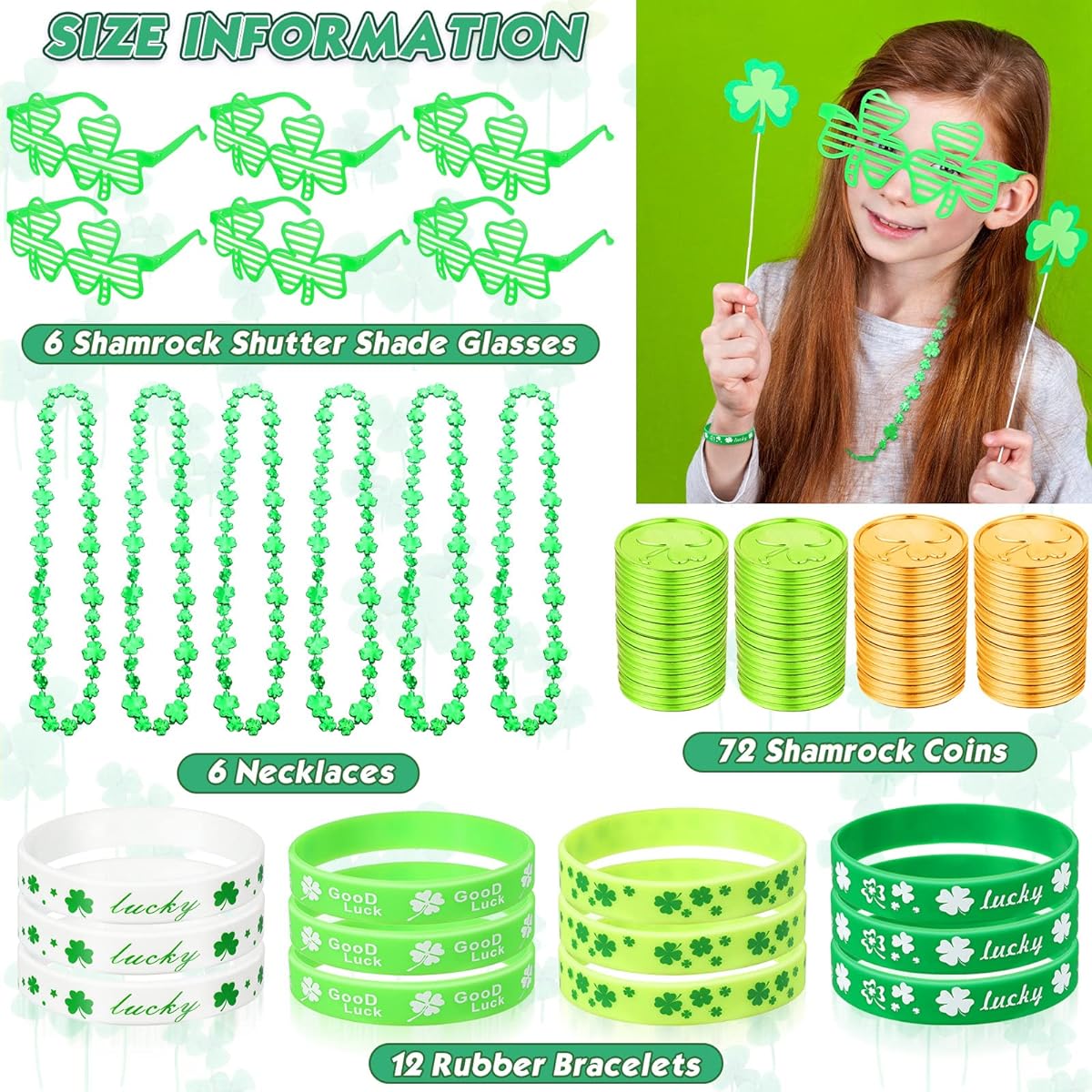 96pc St. Patrick's Day Party Favors Set - 6 Shamrock Shutter Glasses, 6 Green St. Patrick's Day Necklaces, 12 Wristbands, 72 Coins for Kids Irish St. Patrick's Day Accessories Decorations