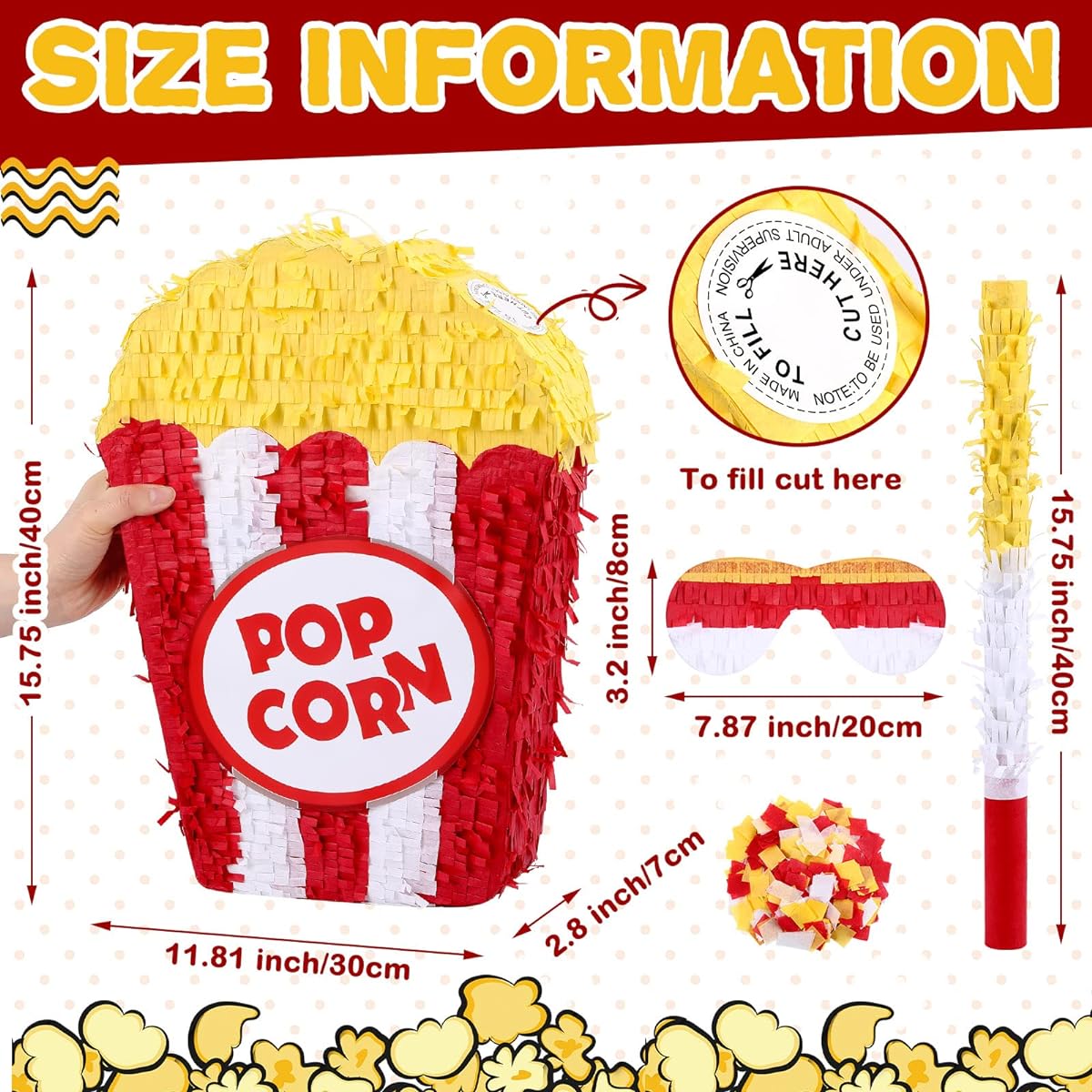 Little Movie Popcorn Pinata Carnival Movie Night Theme Party Supplies Birthday Party Decorations Wooden Stick Paper Blindfold Confetti Set for Adults Girls and Boys 15.7 x 13 x 2.7 inches