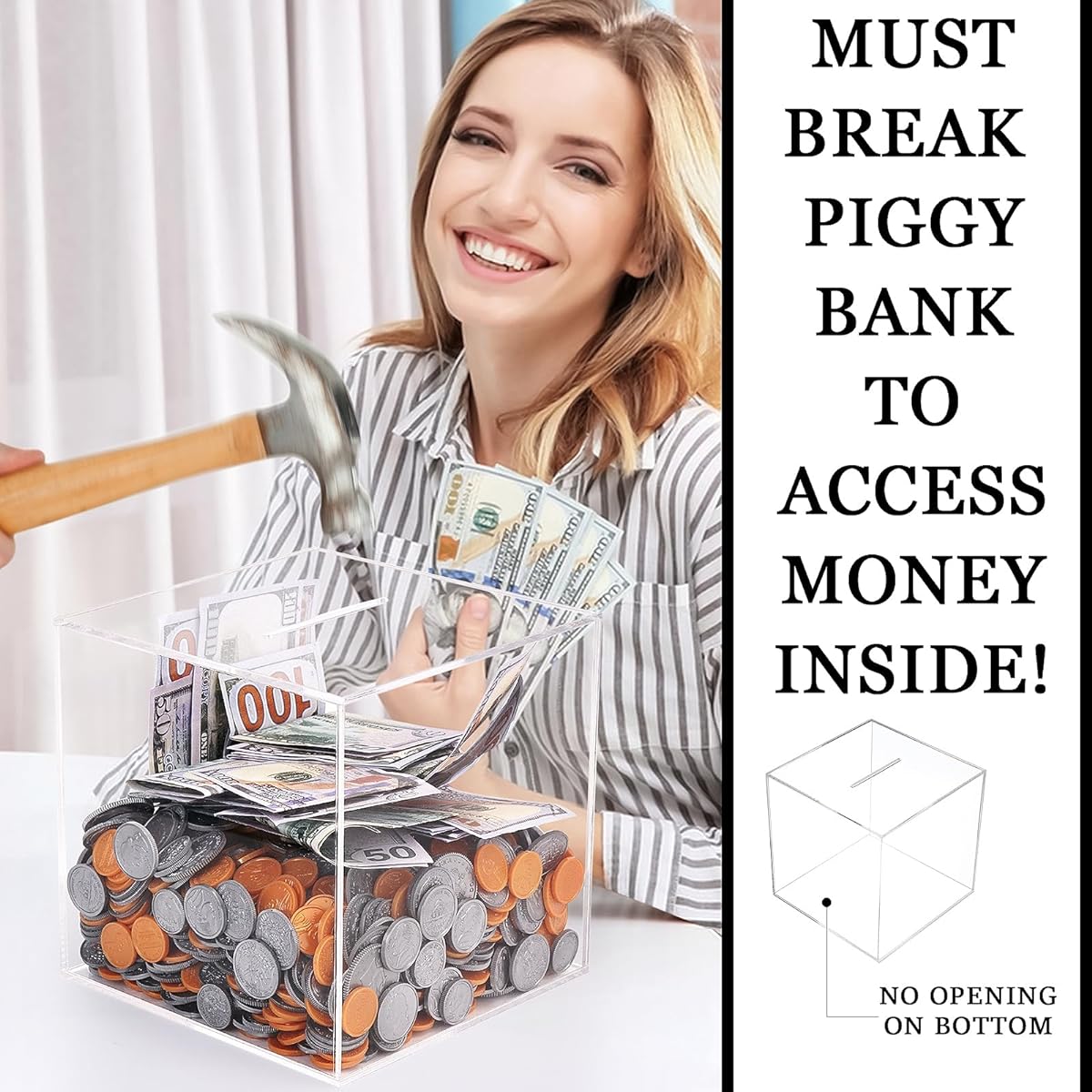 Oranwell Clear Acrylic Piggy Bank for Adults Must Break into Piggy Bank Clear Acrylic Money Cash Box Vacation Wedding Children's College Fund Unopenable Clear Savings Money Cash Bank Jar