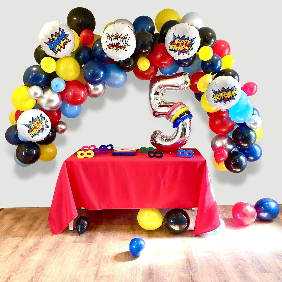 PartyTreasuresCo Superhero Balloon Arch Kit for Boys Birthday Party Decorations - Comic Book Party Supplies Happy Birthday Decorations - Number Balloons Garland Kit for Party Decorations