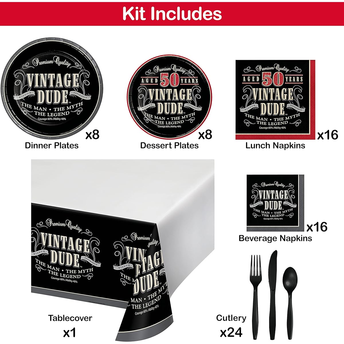 Vintage Dude 50th Birthday Party Supplies Kit Serves 8