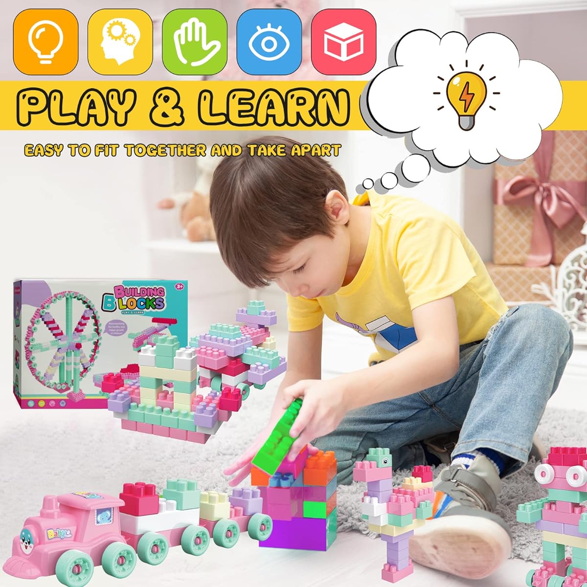 imireux Building Blocks for Kids, 250 Pieces Bulk Basic Blocks Toys, STEM Building Blocks for Preschoolers, Toddler Toy Set, Gift Set for Boys/Girls, Ages 3+ (Pink)