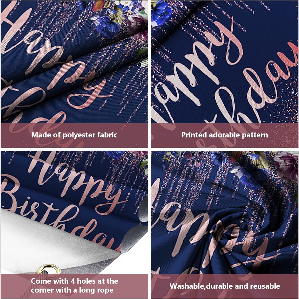 AIBIIN Rose Gold Navy Blue Happy Birthday Banner for Girls Women Birthday Party Decorations Backdrop Pink Blue Glitter Floral Photography Background Photo Booth Props