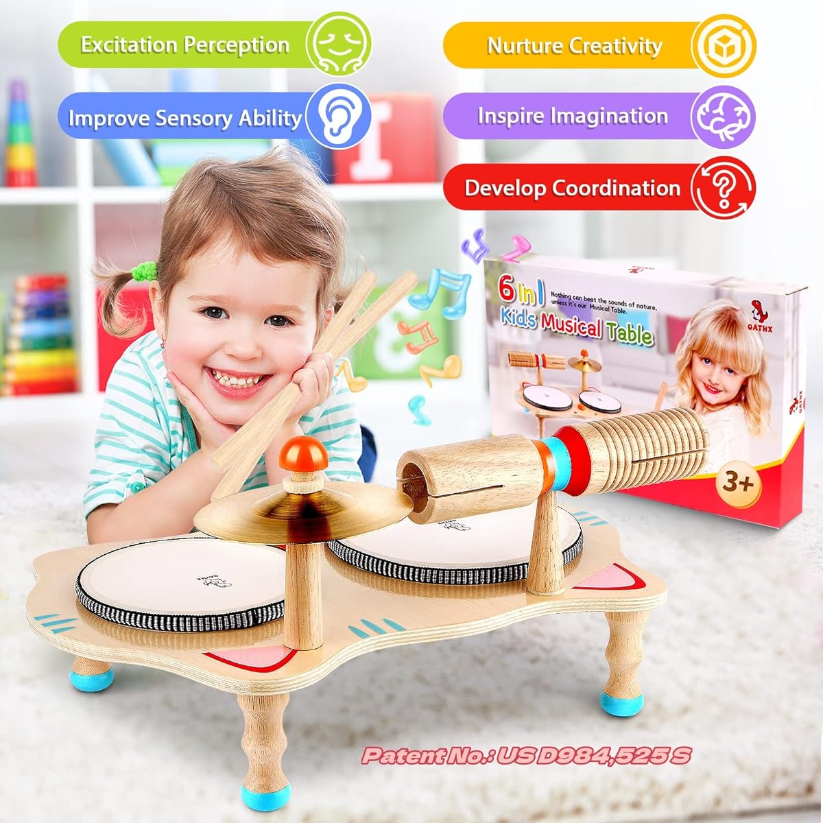 Wooden Musical Toy Toddler Drum Set Kids Musical Instrument 6 in 1 Baby Toy Music Percussion Age 3-5 Boys and Girls Birthday Gifts Learning Toys for Kids 6 7 Years Old