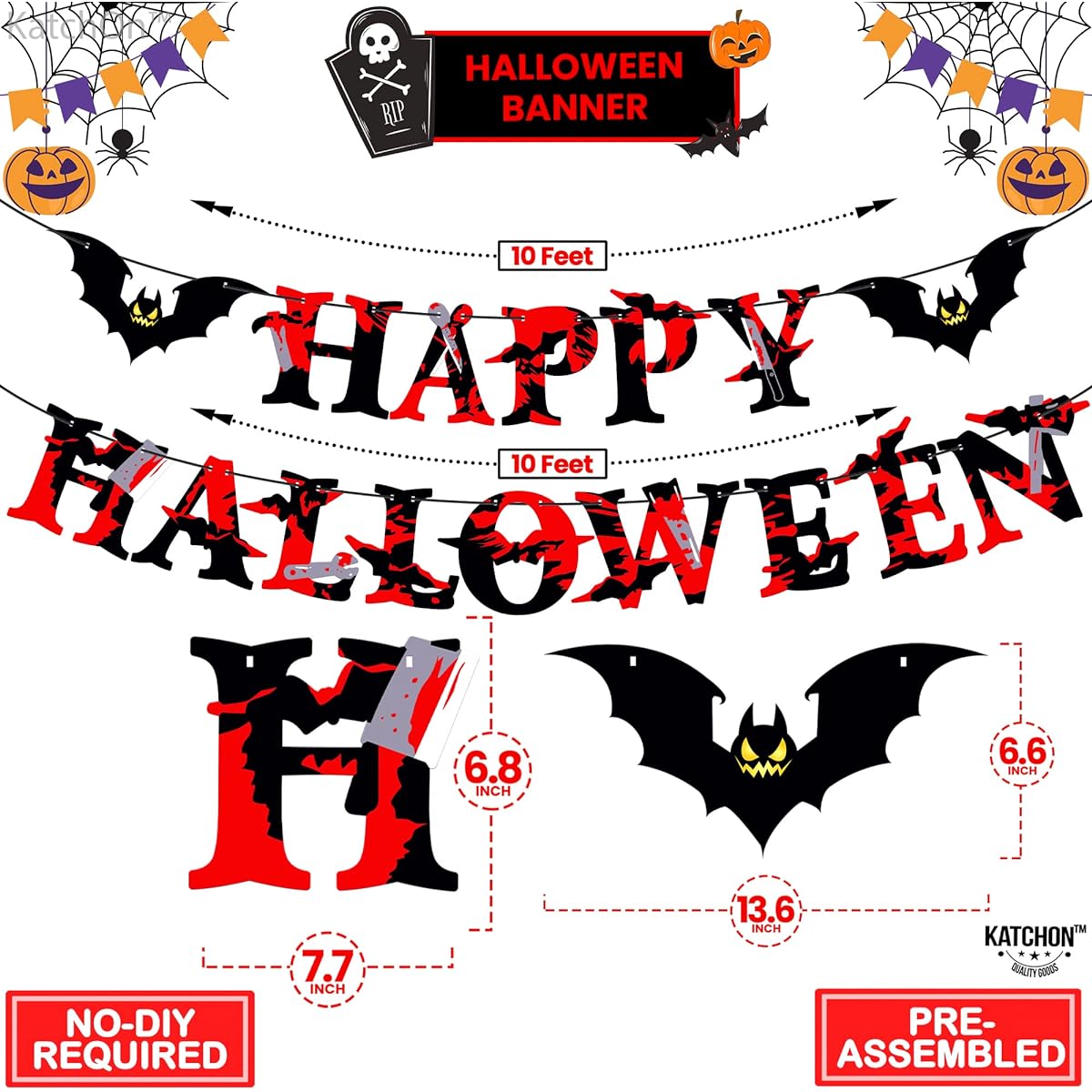 KatchOn Happy Halloween Banner with Bats - Large 10ft No DIY Required | Scary Halloween Garland for Mantle Red and Black Halloween Decorations | Bat Halloween Garland Outdoor Halloween Party Decorations