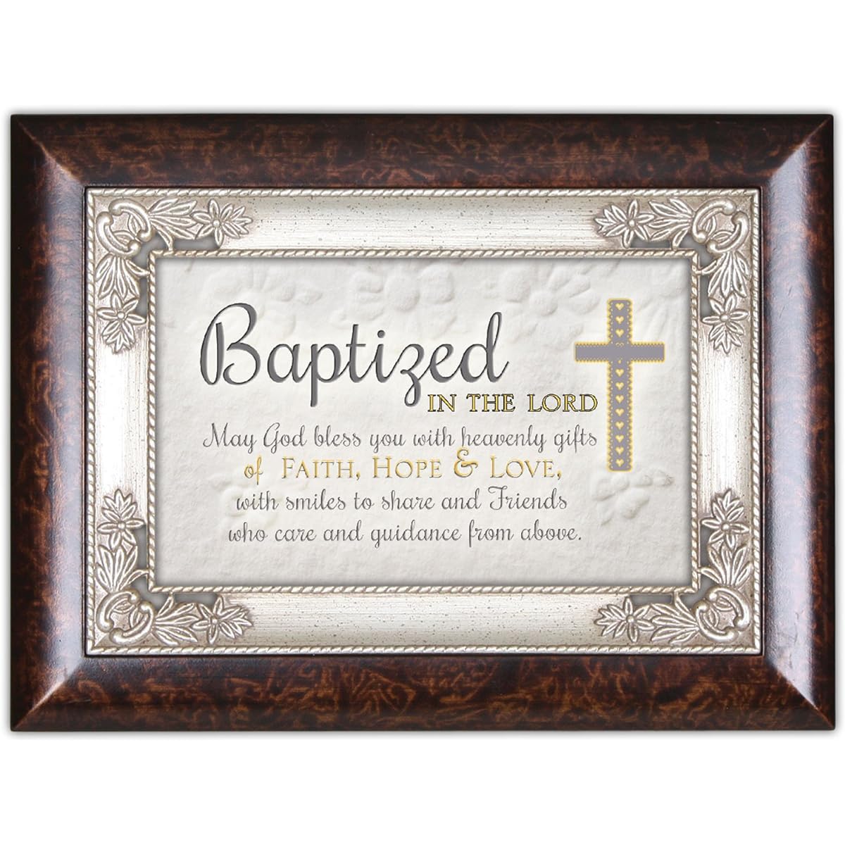 Cottage Garden Baptized in the Lord Woodgrain with Antique Silver Inlay Music Box