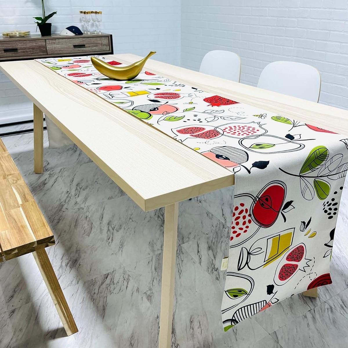 Broderies de France Rosh Hashanah Colorful Fun Happy Table Runner with Soft Satin Lining