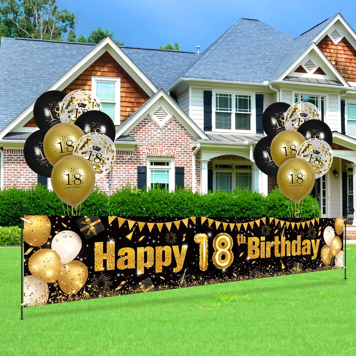 18th Birthday Decorations for Boys Bar Black & Gold Black Gold Birthday Yard Banner 18th Happy Birthday Balloons 18th Birthday Party Supplies Indoor/Outdoor Yard Decor