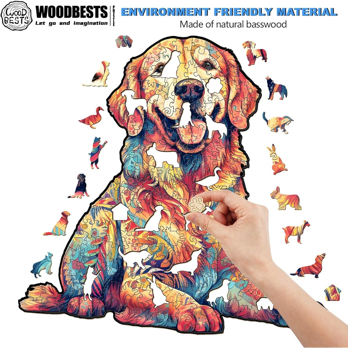 WOODBESTS Wooden Puzzle for Adults Loyal Golden Retriever Dog Puzzle (M, 200 Pieces, 12.5"x11.9") Beautiful Wooden Box Wooden Jigsaw Puzzle Unique Shape Birthday Gift for Adults and Kids Family Game