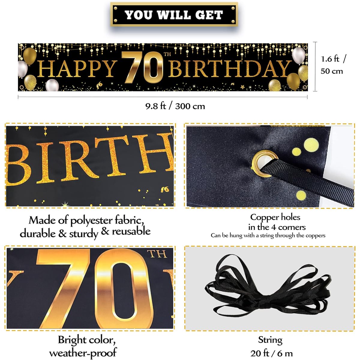 70th Birthday Yard Banner 70th Birthday Happy Birthday Decoration Men Women Black Gold Vicycaty
