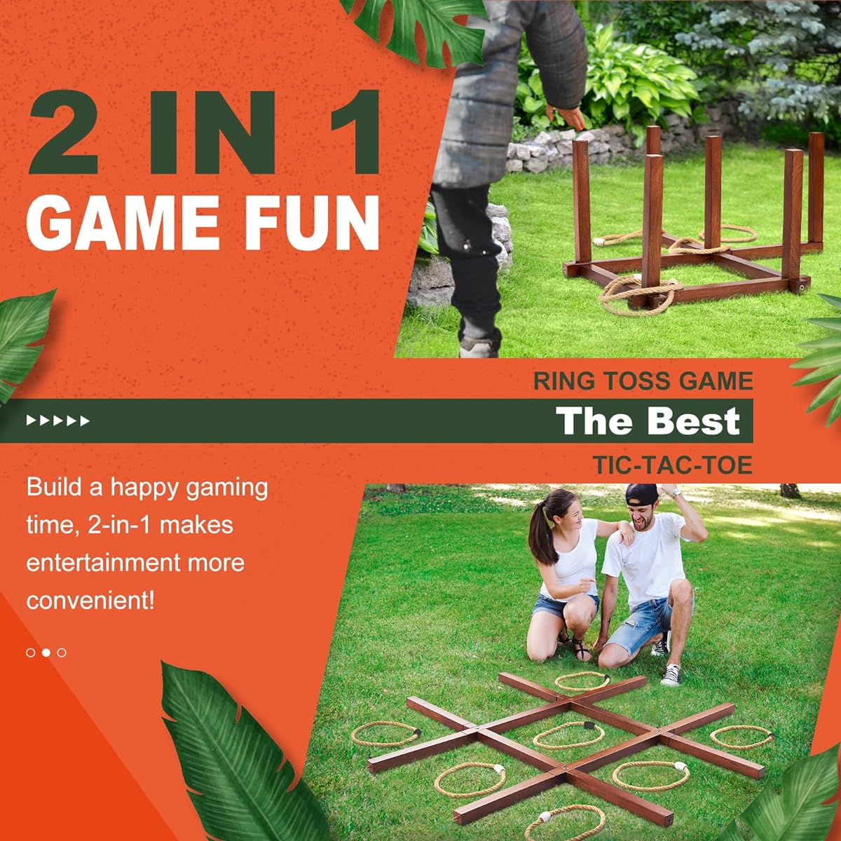 BOHEN Wooden Outdoor Ring Toss Game + Tic-Tac-Toe Game 2-in-1 Set Contains 12+ Combinations for Kids & Family Party