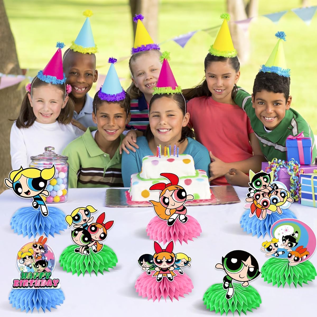 Power Girls Birthday Decorations Honeycomb Centerpieces 8 Pieces 3D DIY Power Girls Birthday Party Decorations Centerpieces Power Girls Party Decorations Table Decorations for Party