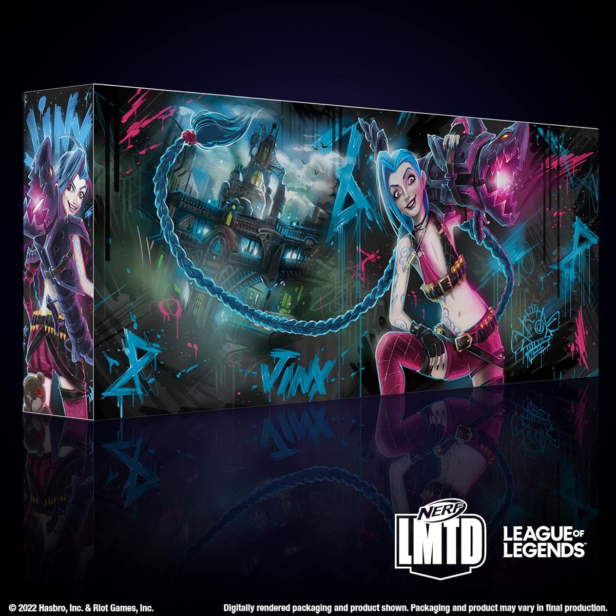 NERF LMTD League of Legends Jinx Fishbones Blaster 18 Dart Drum 18 Elite Darts 3 Dart Burst Display Stand