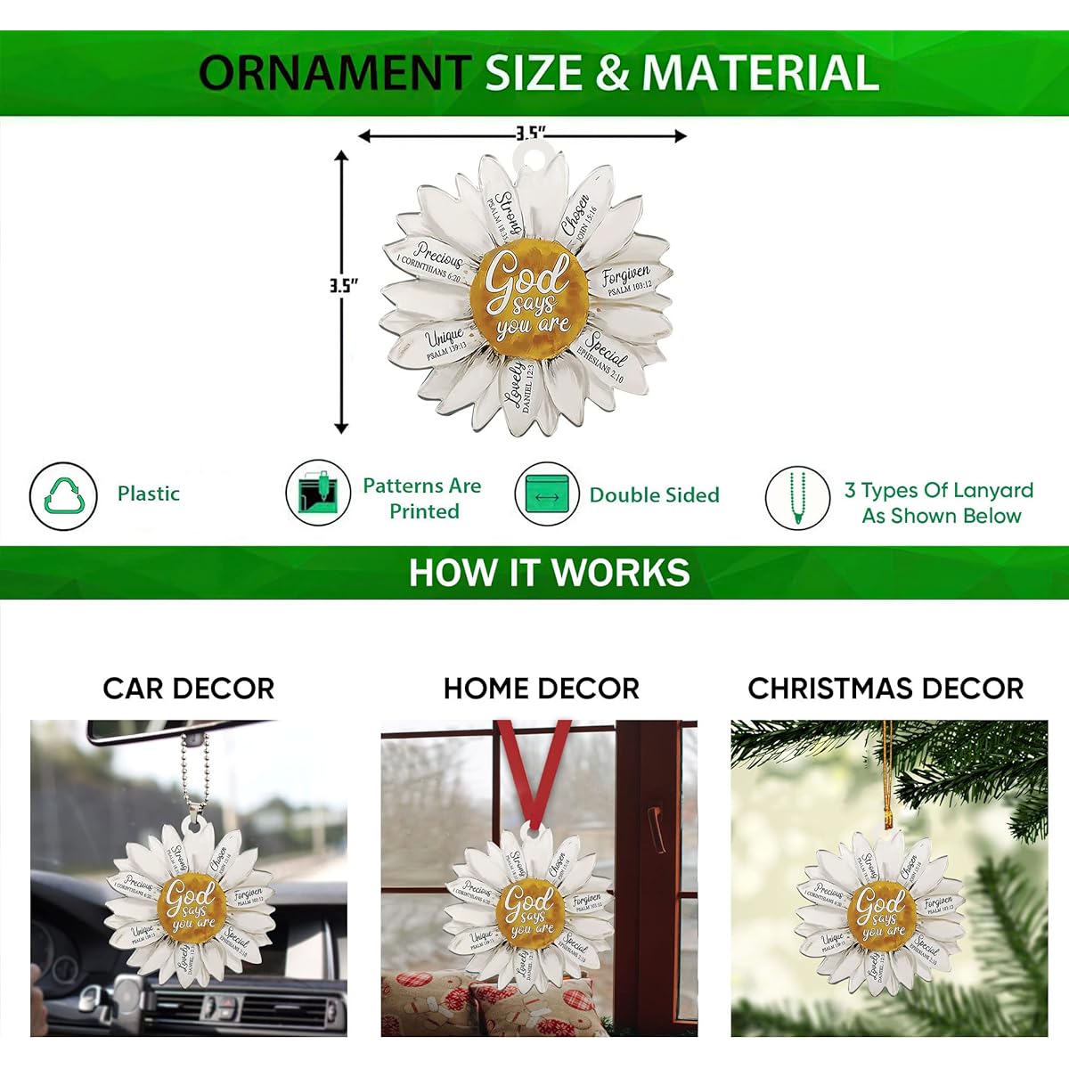 Talataca White Daisy Christianity Religious Jesus God Say You are Strong Chosen Car Rearview Mirror Accessories Christmas Tree Ornament Decoration Hanging Charm Interior Back Pendant Decoration Gift