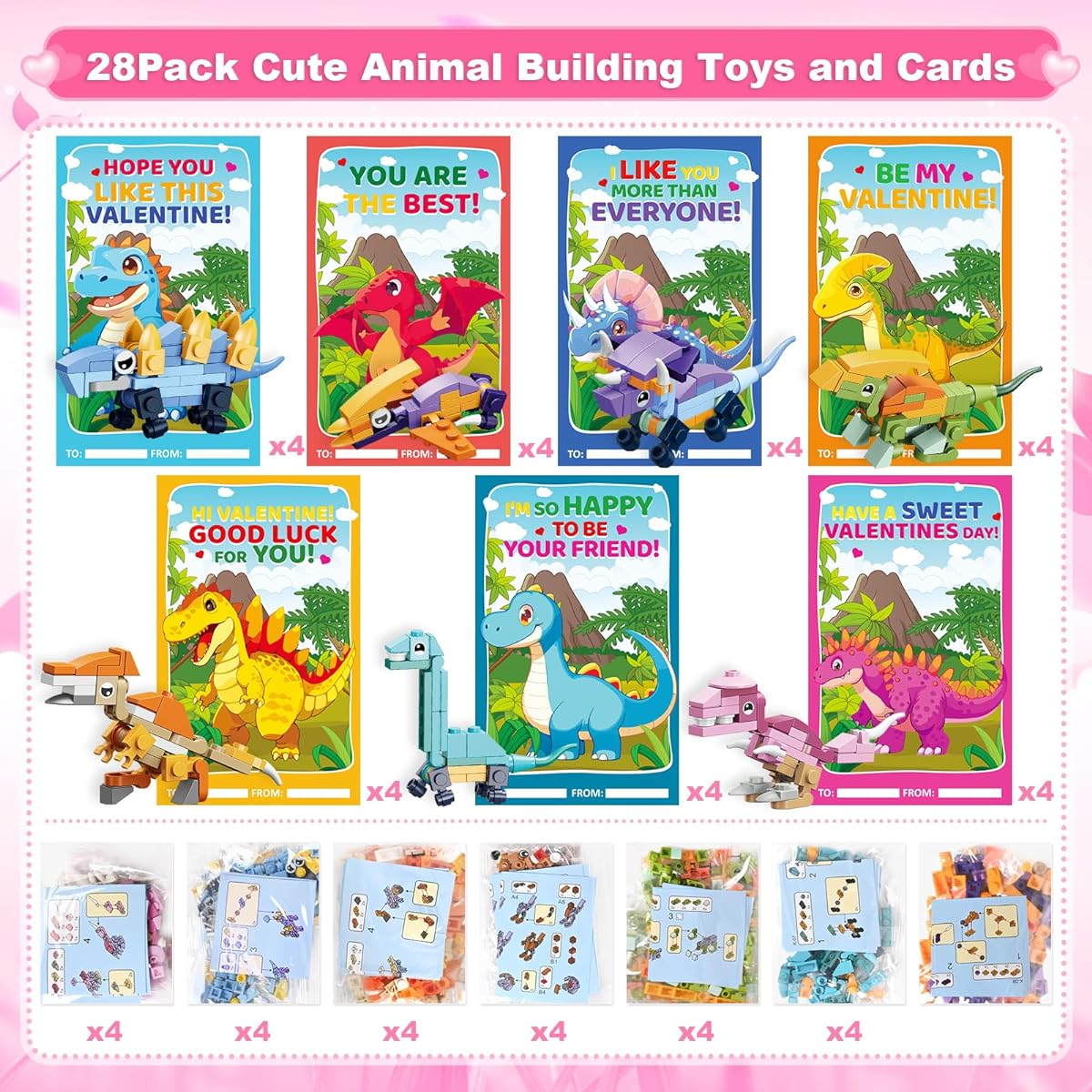 Valentine's Day Cards for Kids, 28 Pack Dinosaur Building Blocks with Valentine Cards, Valentine's Day Card Set for Kids, Valentine's Party Favors, School Class Exchange Prizes