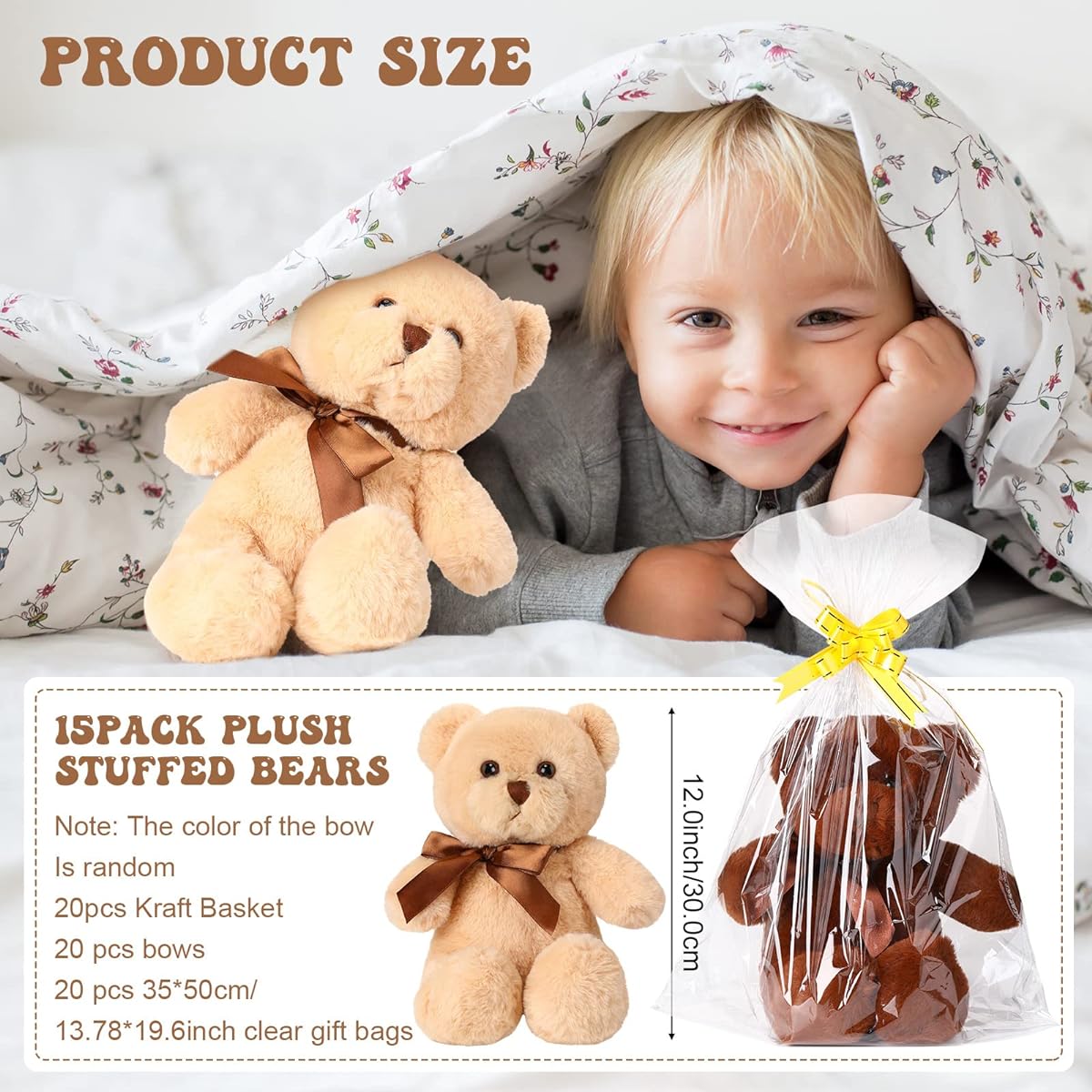 15 Pieces Teddy Bears, Soft Stuffed Bears with 20 Gift Bags and Pull Ribbons, Cute Stuffed Bears for Baby Shower, Christmas, Valentine's, Birthday, Wedding Favors, 12 Inch (Light Brown, Dark Brown)