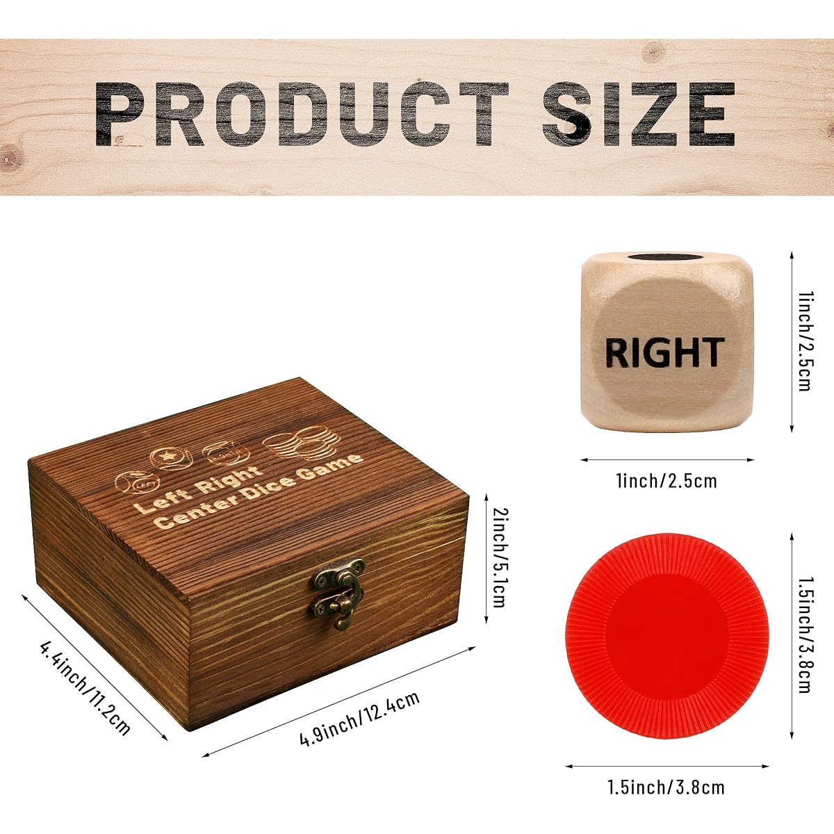 Left Right Center Dice Game Set includes 3 1 inch wooden dice and 48 chips in a wooden box. Easy to carry and transport.