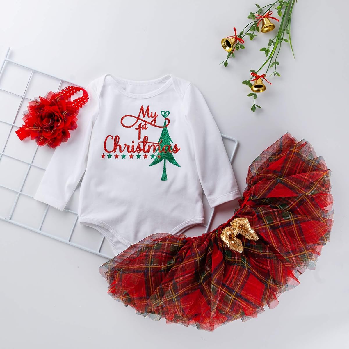 WINZIK Baby Girl's First Christmas Outfit Set Party Costume Tutu Dress Bodysuit Romper Pants 0-24M Gift