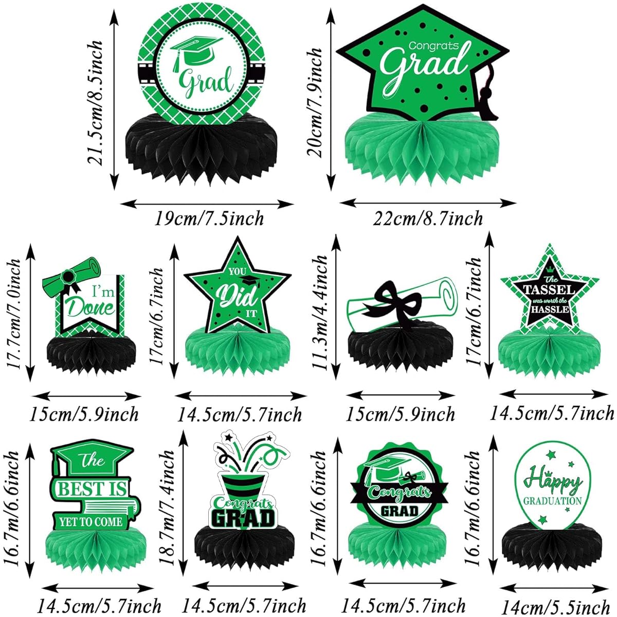 10 Pieces Class of 2023 Graduation Party Decorations 2023 Graduation Honeycomb Centerpieces Table Toppers for Graduation Party Favors (Black Green)