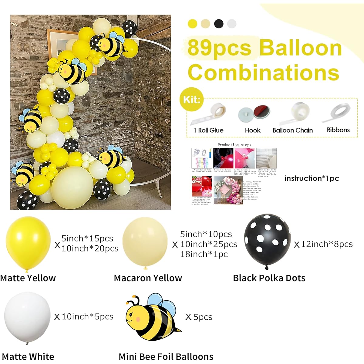 MYDECORBL Balloon Garland Arch Kit - 89pcs Matte Macaron Yellow Black Balloons Foil Bee Balloons Combo for Birthday Party Baby Shower Wedding Graduation Decorations Honeybee Party Supplies