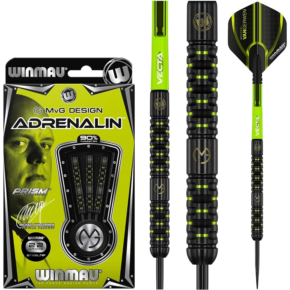 WINMAU Michael van Gerwen MvG Adrenalin Tungsten Steeltip Darts Set 22g with Prism Flights and Vecta Shafts (Stems) 1441-22