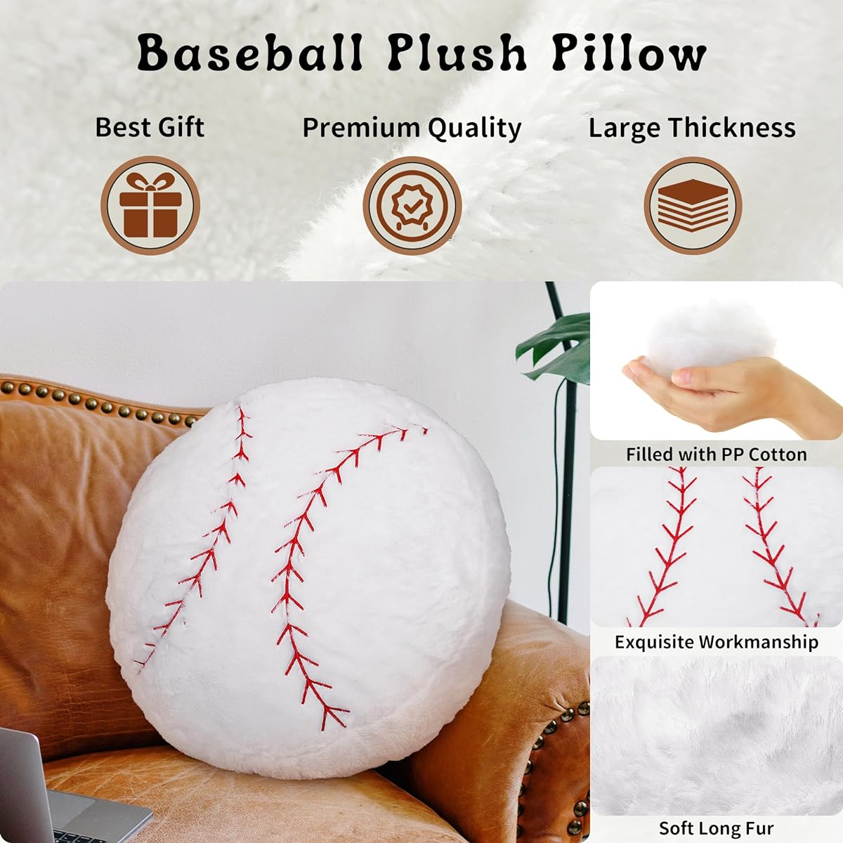 OurHonor Baseball Plush Toy 18 Inch Baseball Pillow Soft Fluffy Football Plush Toy Durable Cushion Room Decoration Party Gift for Boys & Girls