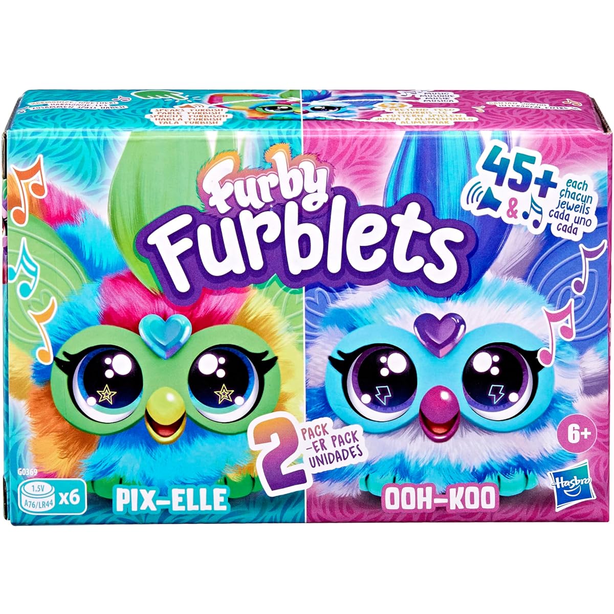Furby Furblets 2 Pack Mini Friends Pix-Elle & Ooh-Koo Each with 45+ Sounds, Music & Furbish Phrases Electronic Plush Toys Multicolor & Blue/White Ages 6+