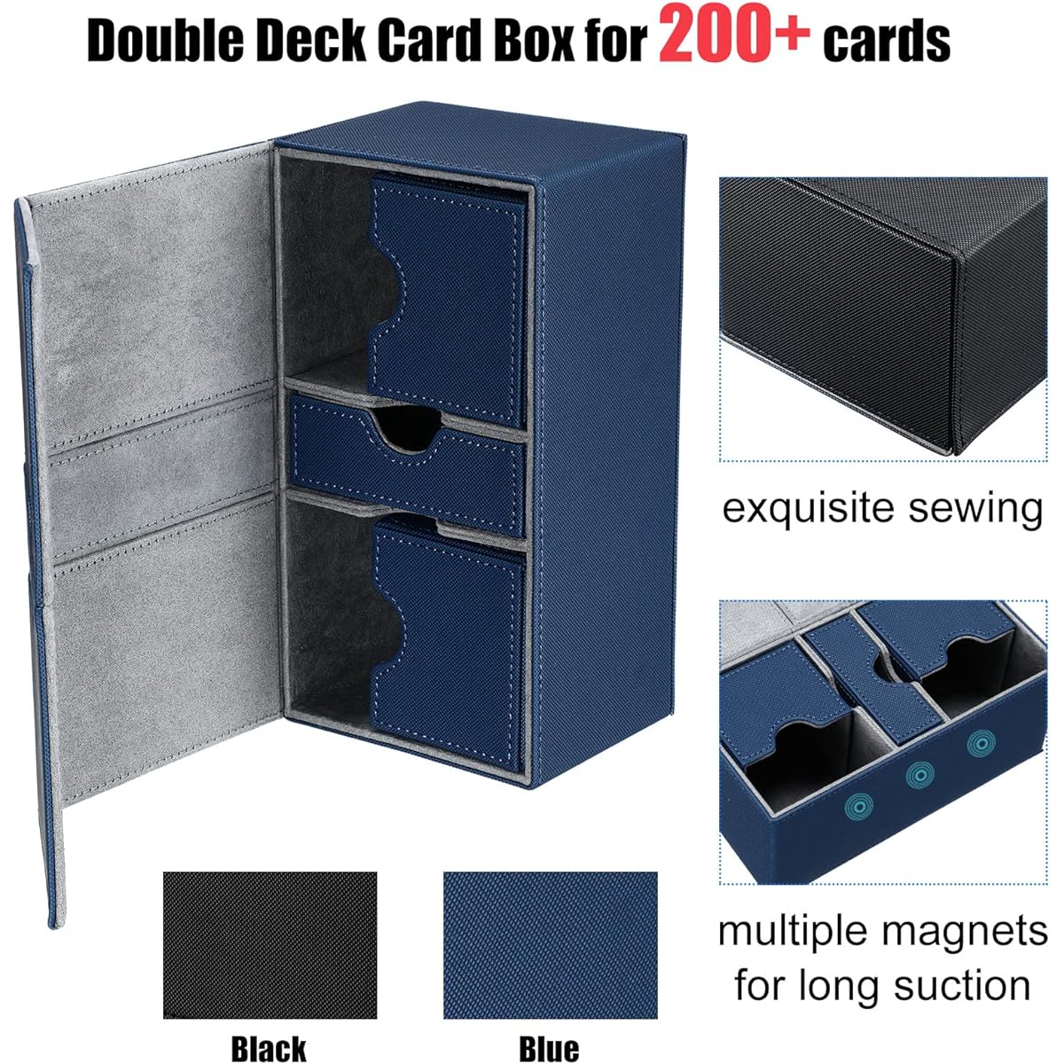 2 Box Double Deck Card Case MTG Card Compatible Leather Deck Card Case for 200+ Sleeved Cards Twin Flip Deck Case with 3 Trays for Trading Card Games Blue Black