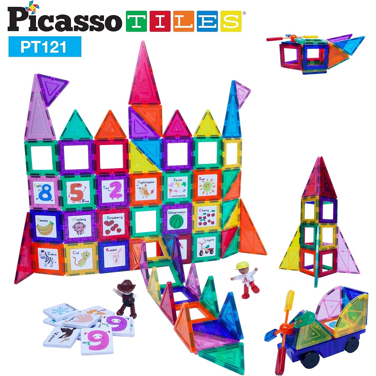 PicassoTiles 121 pc Master Builder Magnetic Building Blocks Construction Set with Magnet Tiles Blocks Car Truck, 2 Character Action Figures, 28 Educational Alphabet Animals and Numbers Graphics, Windmill