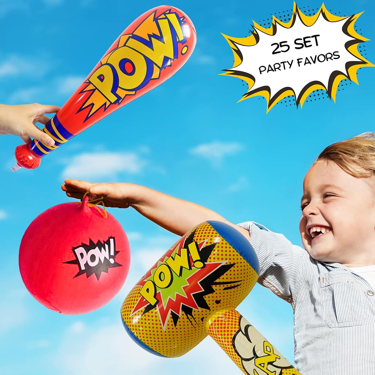 4E's Novelty Inflatable Baseball Bats (12) with Superhero Punch Balloon Balloons (12) & 30" Bopper Inflation (1) Superhero Birthday Party Favors, Party Supplies for Kids, Prizes for Boys