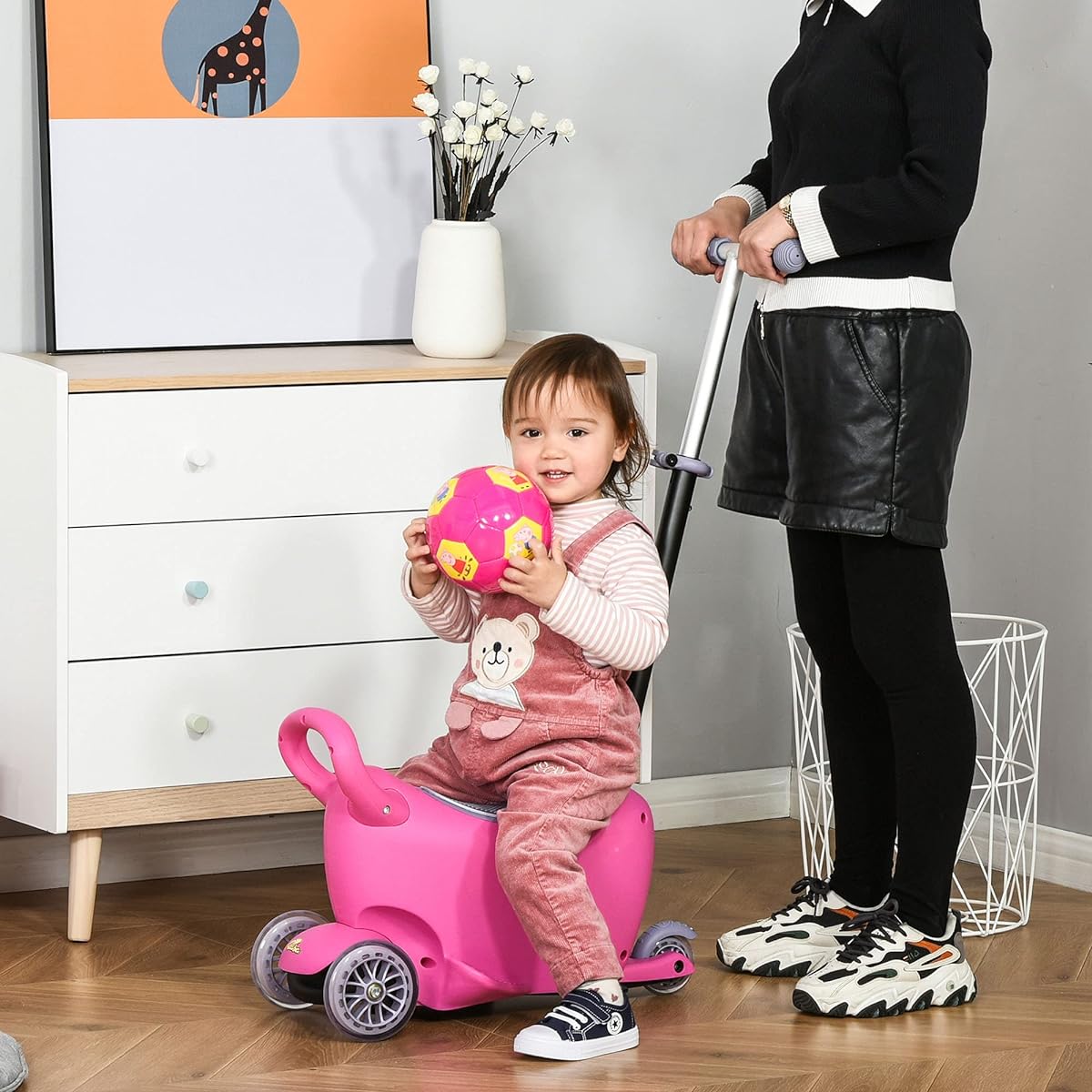 Qaba 3-in-1 Ride-On Push Car Kids Scooter Slide Walker Push Rider with Adjustable Handlebars Balance Wheels Removable Storage Seat for 2-6 Year Old Boys and Girls, Pink