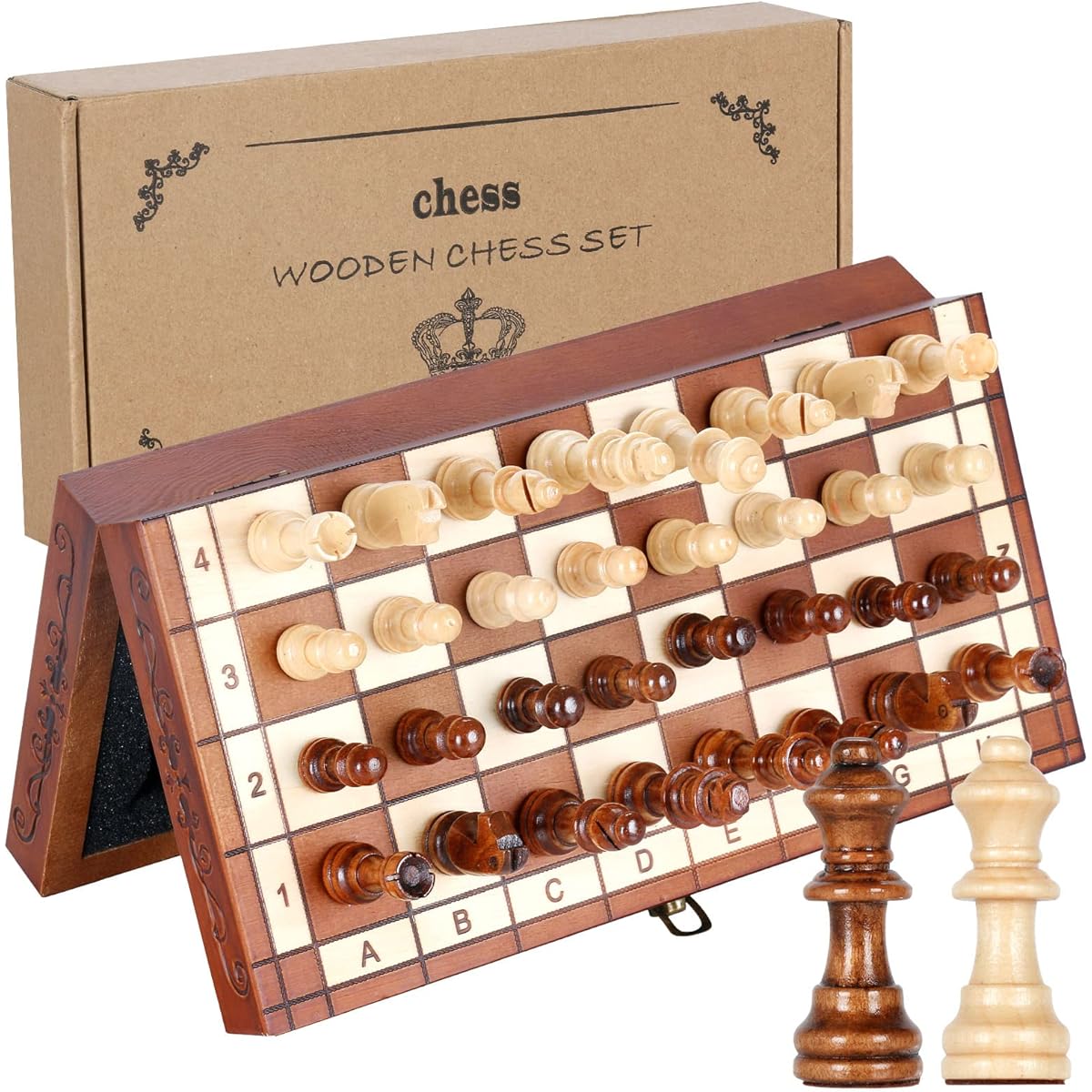 Syrace Magnetic Chess Set Board Game Wooden Foldable Handmade Portable Travel Chess Board Game Set with Game Pieces and Storage Slots