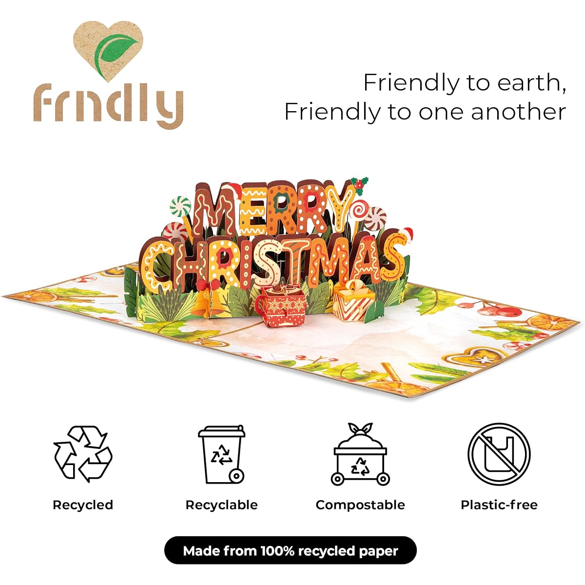 Frndly Merry Christmas Pop Up Cards, 3D Pop Up Holiday Cards, 100% Recycled, Eco Friendly, 8" x 6" Cover, Removable Note Tag, Sturdy Protective Pouch
