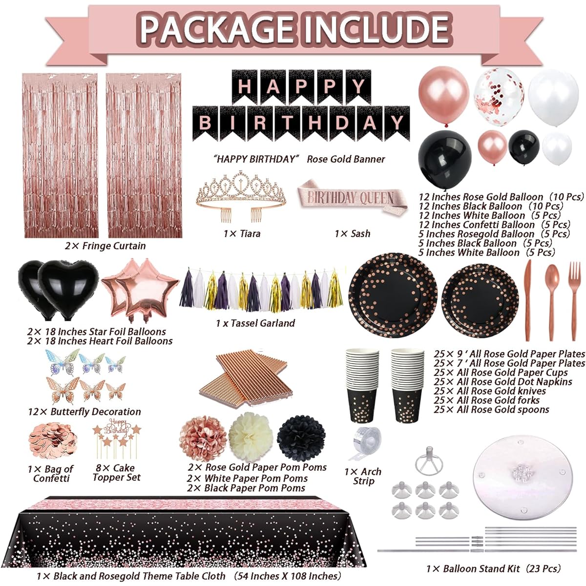 Guudmua 295 Pieces Black & Rose Gold Birthday Decorations