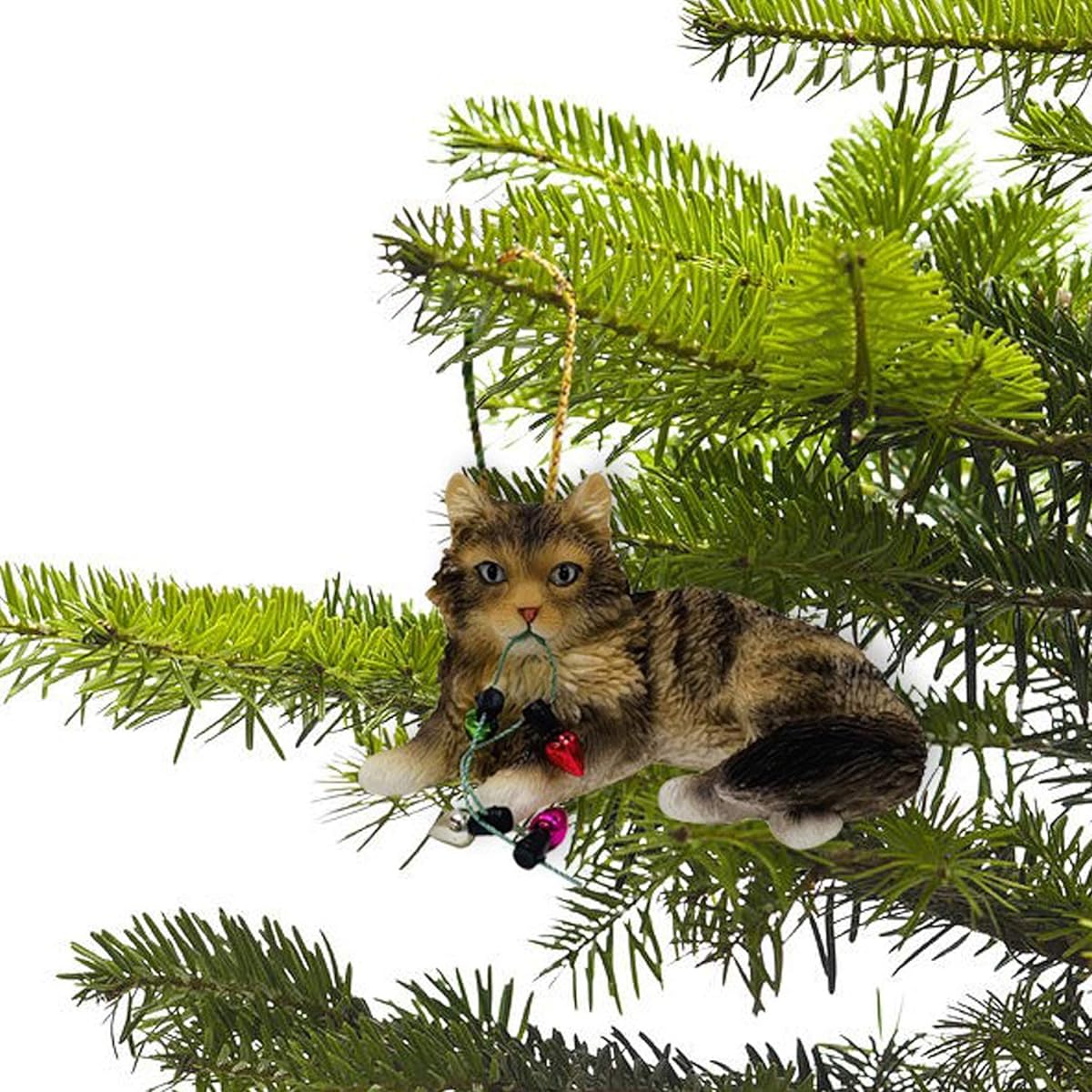 Sandicast Brown Tabby Maine Coon Cat Christmas Ornament with Holiday Lights