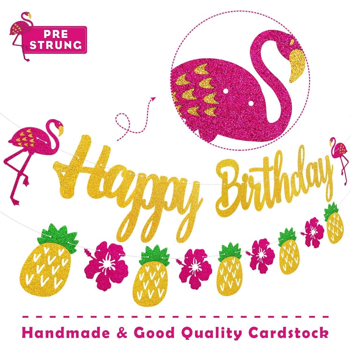 Hawaiian Flamingo Happy Birthday Decorations Banner and Cake Topper Mahway Pineapple Palm Leaves Tropical Party Supplies Pink Glitter Decor